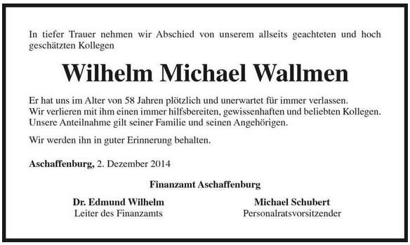 Wallmen Wilhelm 1956-2014 Todesanzeige Finanzamt